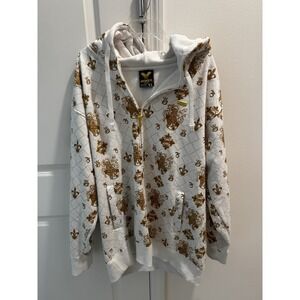 Vintage Avirex Men's Fleur De Lis Gold Hoodie All Over Print Y2K XL Zip Up